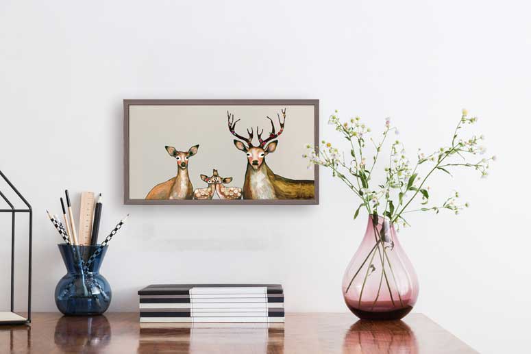 Flower Deer Family On Cream Mini Framed Canvas