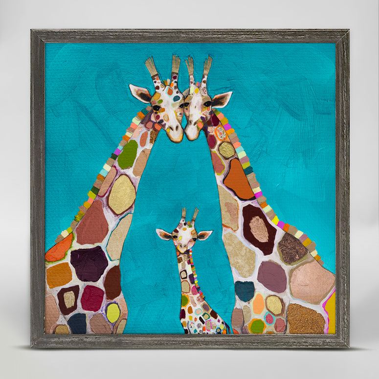 Giraffe Family In Turquoise Mini Framed Canvas - GreenBox Art