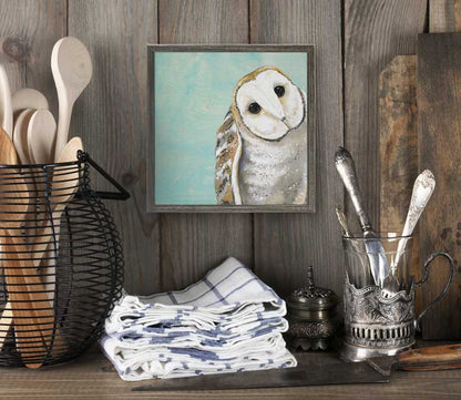 Sweet Barn Owl - Sky Blue Mini Framed Canvas