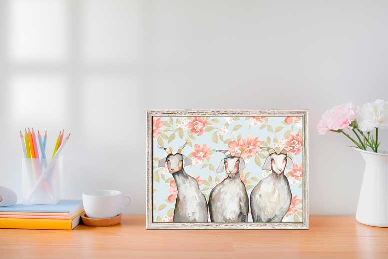Trio of Goats - Floral Mini Framed Canvas - GreenBox Art