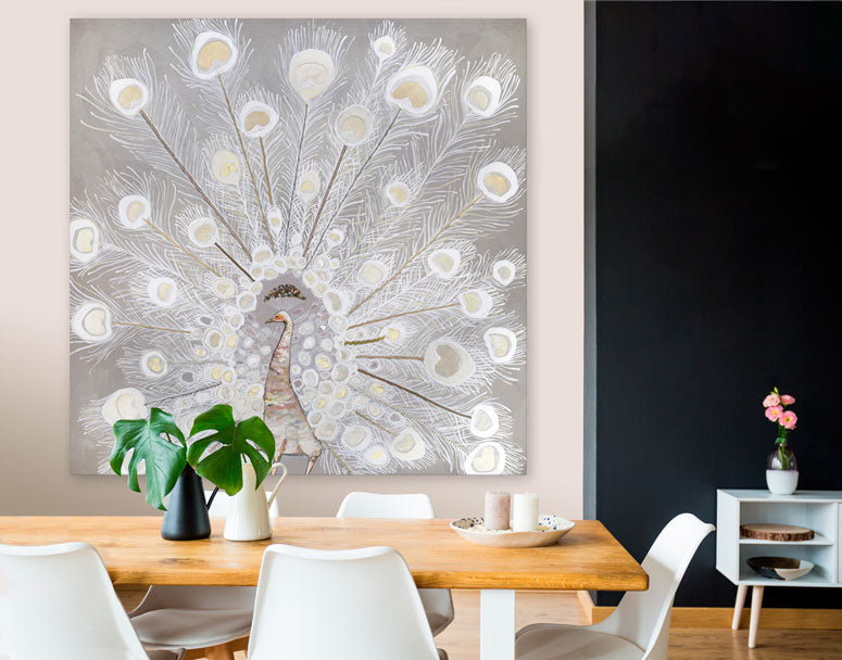 White Velvet Peacock Canvas Wall Art - GreenBox Art