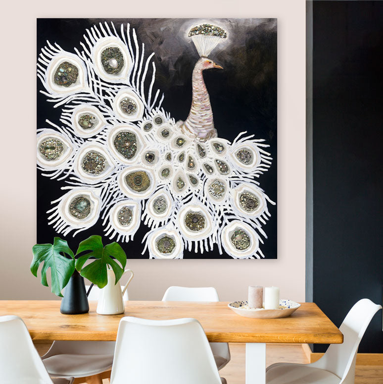 White Peacock On Black Canvas Wall Art