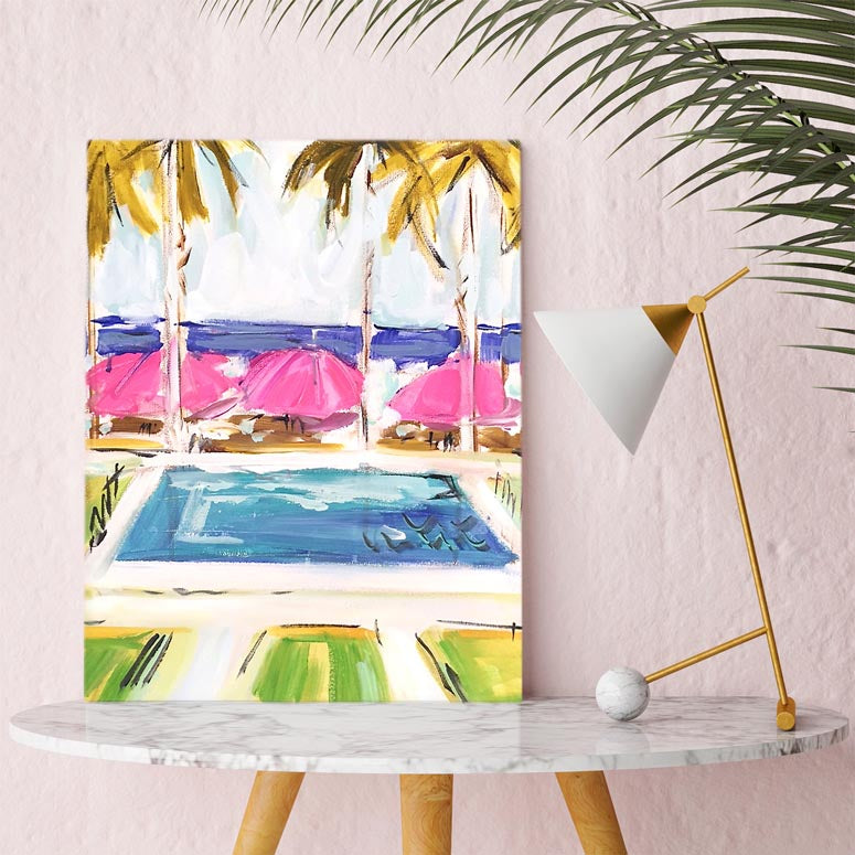 Pink Umbrellas By The Pool Canvas Wall Art