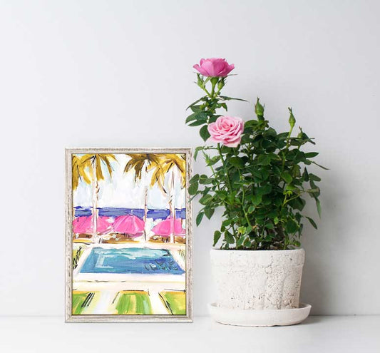 Pink Umbrellas By The Pool Mini Framed Canvas