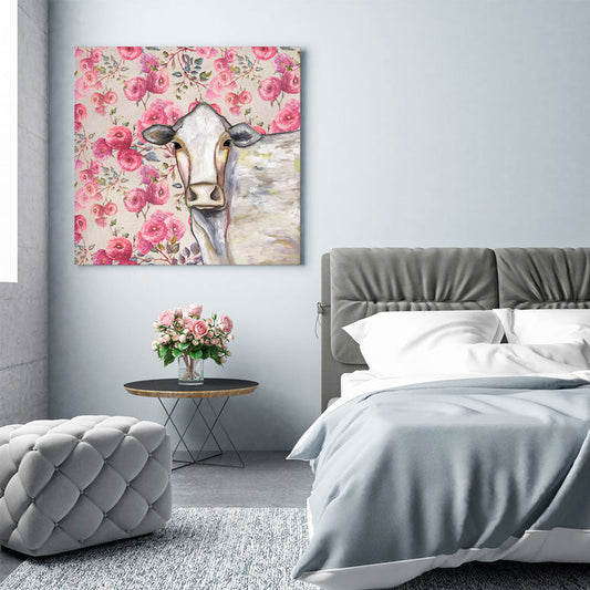Cow - Floral Canvas Wall Art