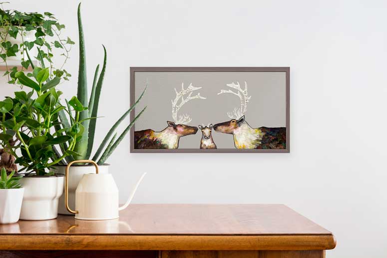 Caribou Family - Taupe Mini Framed Canvas