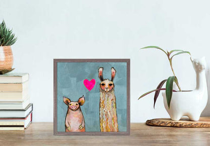 Llama Loves Pig - Blue Mini Framed Canvas