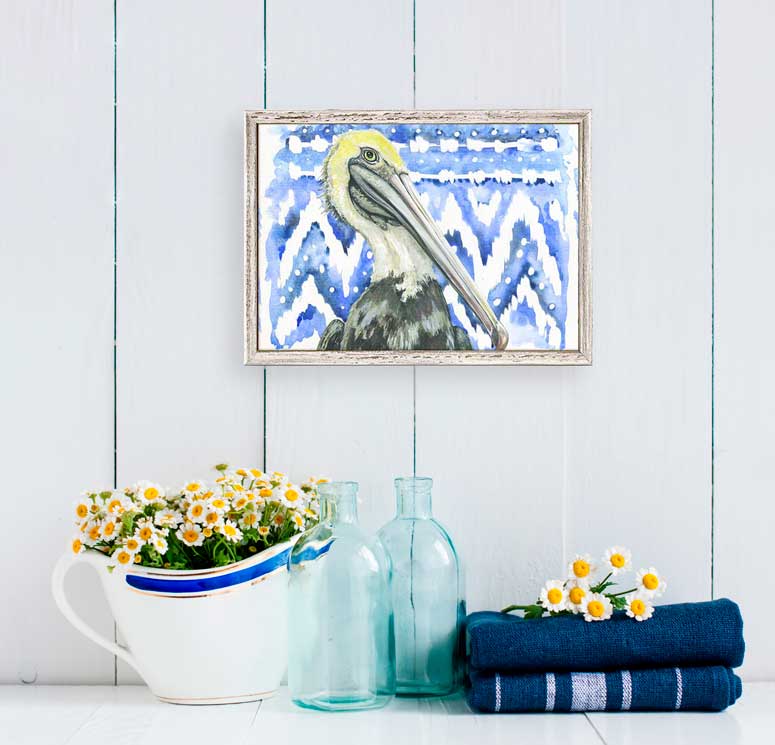 Shibori and Birds - Ikat Pelican Mini Framed Canvas - GreenBox Art