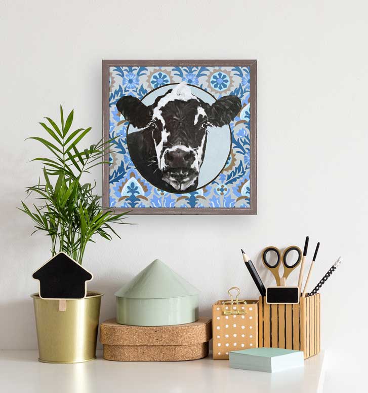 Dairy Cow On Paisley Mini Framed Canvas