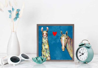 Llama Loves Horse - Blue Mini Framed Canvas