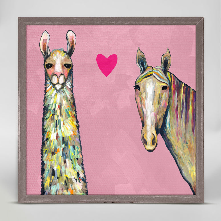 Llama Loves Horse - Pink Mini Framed Canvas