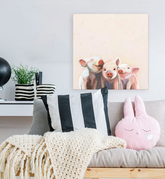 Three Little Piggies On Pink Canvas Wall Art - GreenBox Art