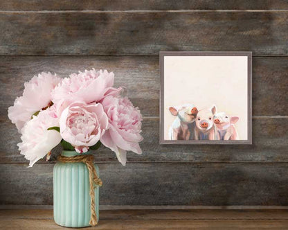 Three Little Piggies On Pink Mini Framed Canvas