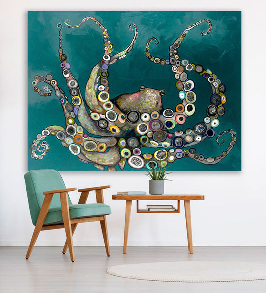 Octopus in the Deep Teal Sea Canvas Wall Art - GreenBox Art