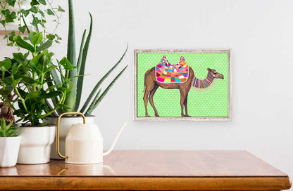 Camel With Ribbons & Lace On Lime Mini Framed Canvas