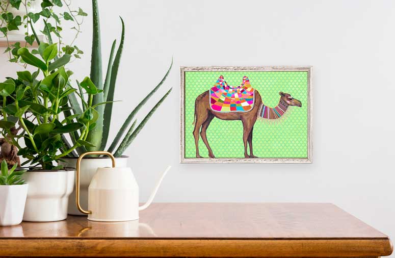 Camel With Ribbons & Lace On Lime Mini Framed Canvas - GreenBox Art