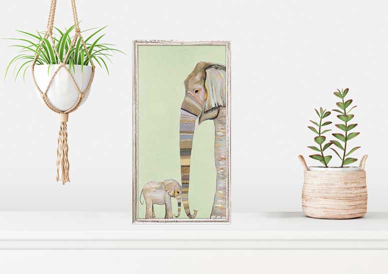 Elephant Baby and Mama - Mint Mini Framed Canvas