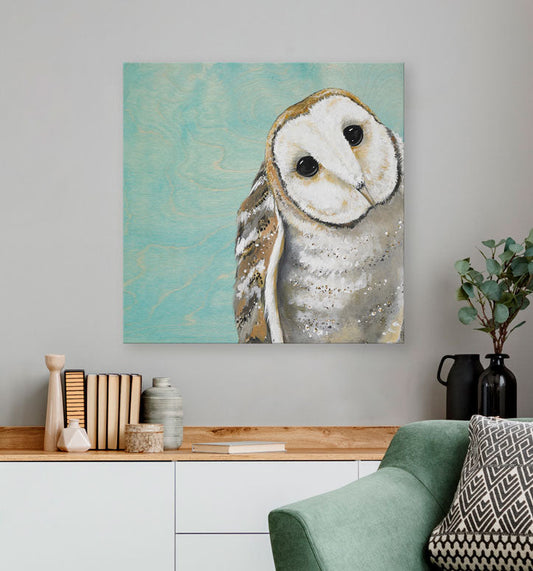 Sweet Barn Owl - Sky Blue Canvas Wall Art