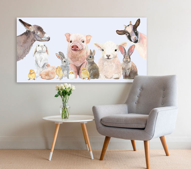 Spring Animal Babies - Blue Canvas Wall Art - GreenBox Art