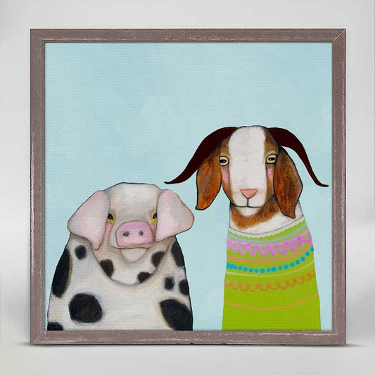 Pig And Goat Pals - Sky Blue Mini Framed Canvas - GreenBox Art