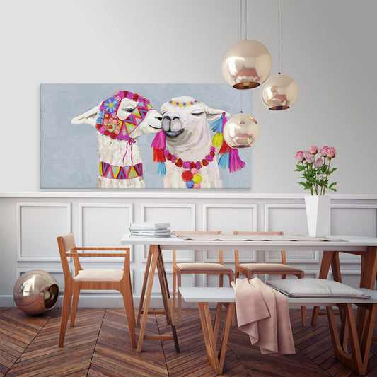 Llama Pair With Poms - Soft Blue Canvas Wall Art - GreenBox Art