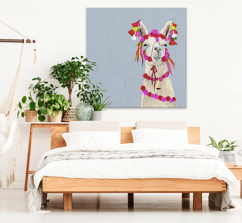 Llama With Poms - Soft Blue Canvas Wall Art - GreenBox Art