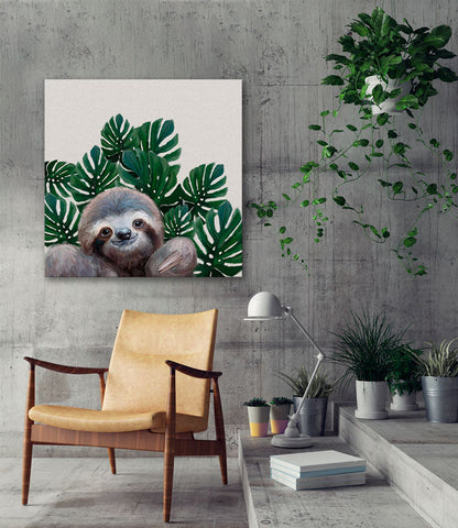 Sloth With Leaves Canvas Wall Art