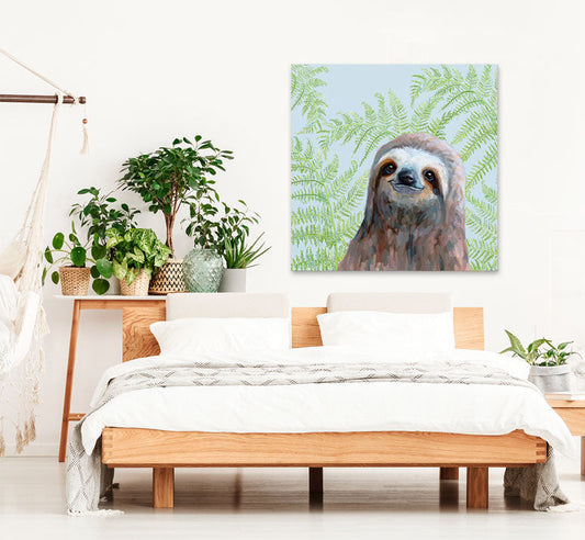 Sloth With Fern Canvas Wall Art - GreenBox Art