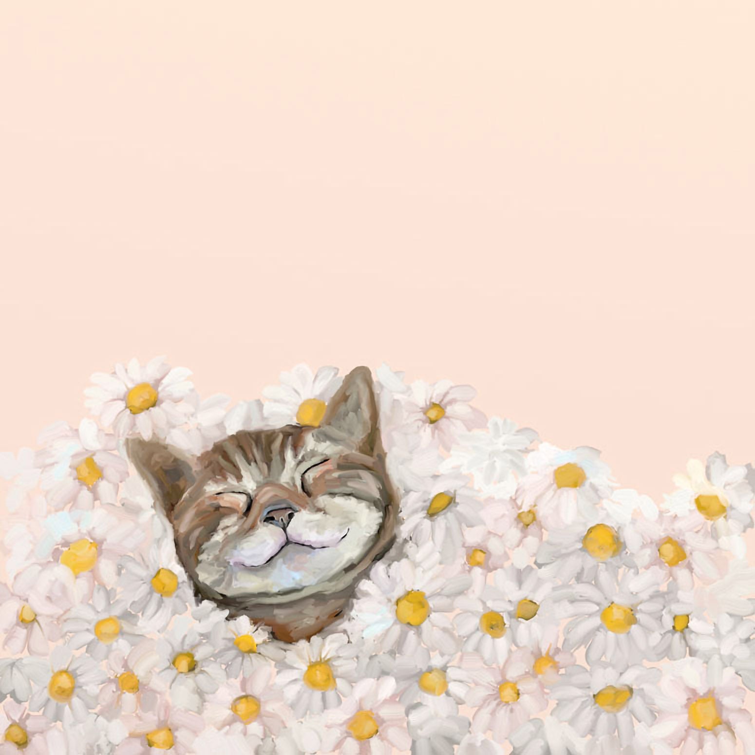 Feline Friends - Happy As A Cat In Daisies Canvas Wall Art - GreenBox Art