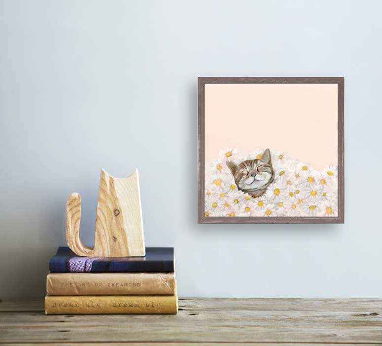 Feline Friends - Happy As A Cat In Daisies Mini Framed Canvas - GreenBox Art