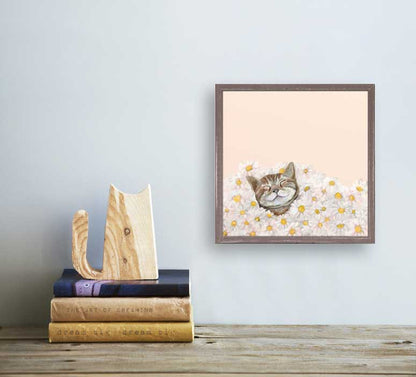 Feline Friends - Happy As A Cat In Daisies Mini Framed Canvas - GreenBox Art