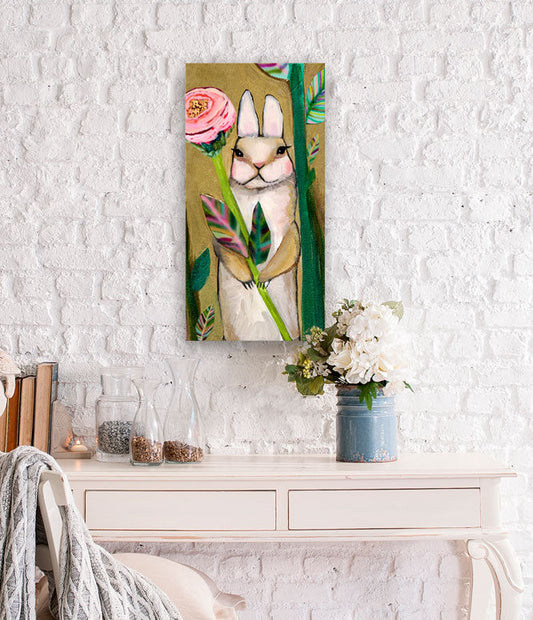 Carrot Cake Bunny Holding Flower Canvas Wall Art - GreenBox Art