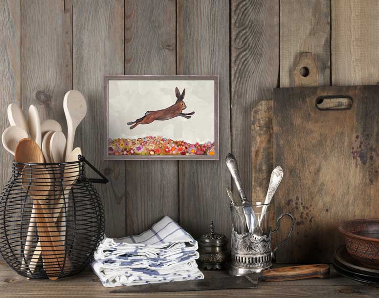 Brown Bunny Jumping Over Flowers Mini Framed Canvas