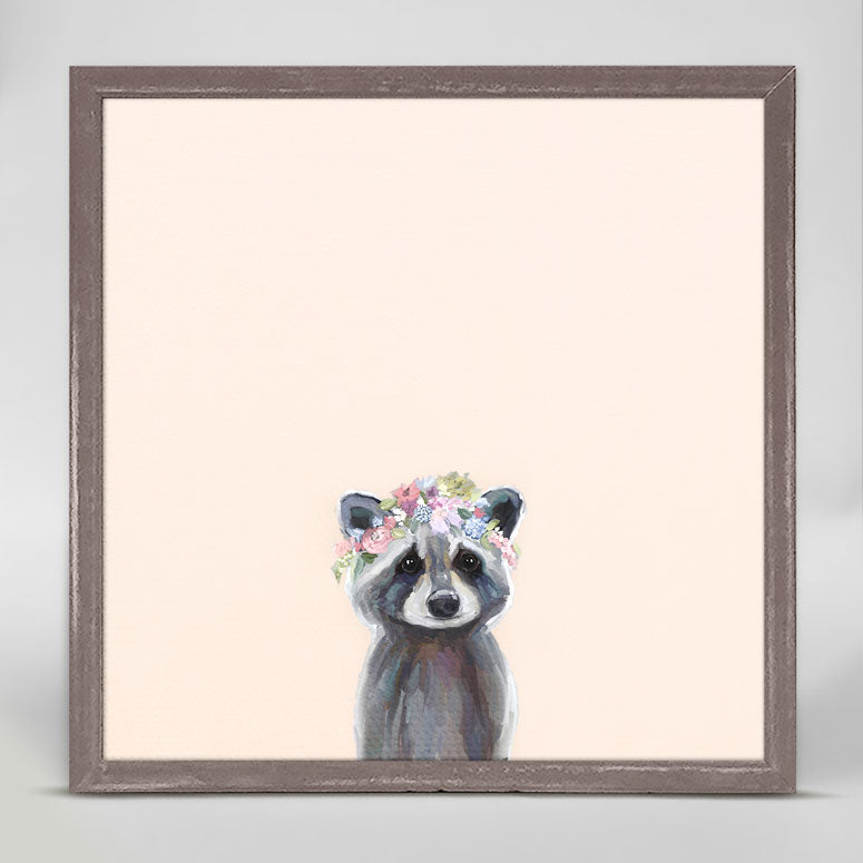 Baby Raccoon With Flowers - Cream Mini Framed Canvas