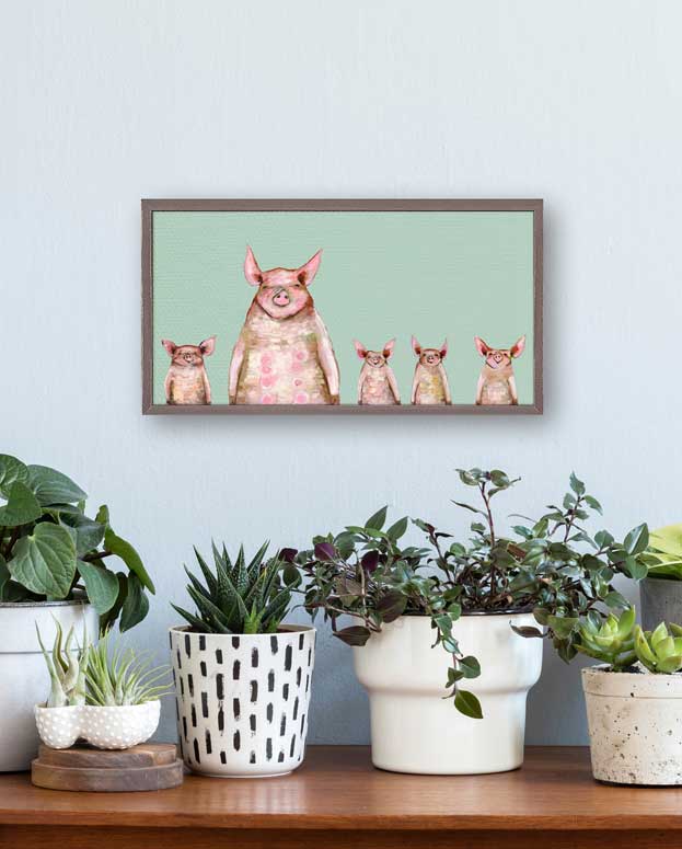 Five Piggies In A Row - Mint Mini Framed Canvas