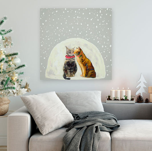 Holiday Feline Friends - Reverse Snow Globe Canvas Wall Art - GreenBox Art