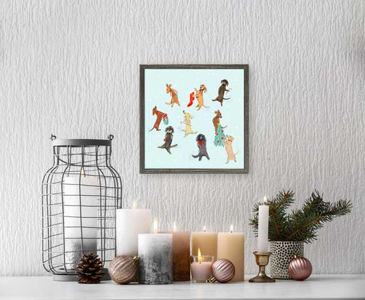 Holiday - 9 Dachshunds Dancing Mini Framed Canvas - GreenBox Art