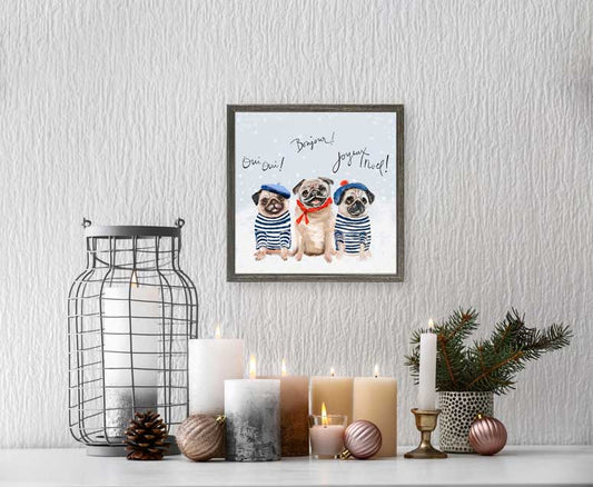 Holiday - 3 French Pugs Mini Framed Canvas - GreenBox Art