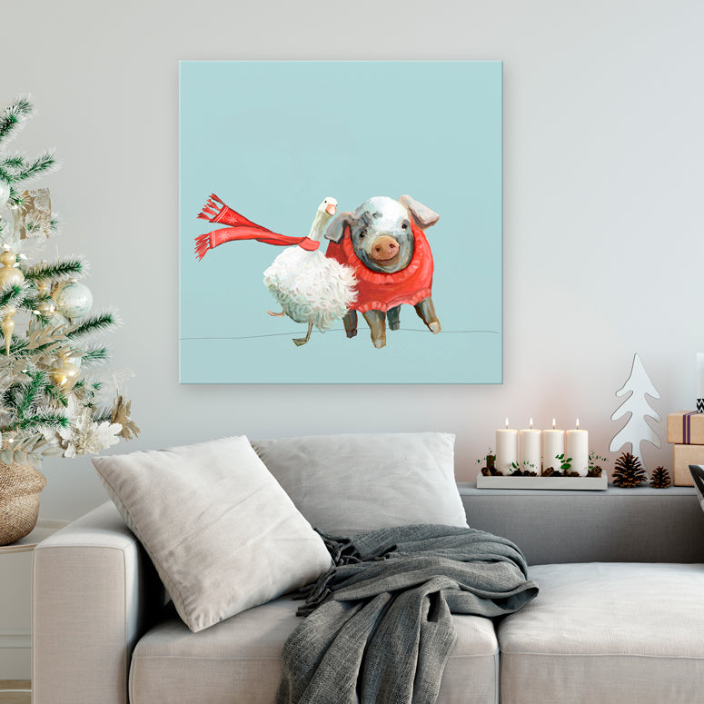 Holiday - Festive Goose And Pig Pals Canvas Wall Art - GreenBox Art