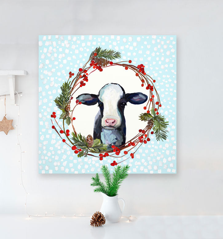 Holiday - Festive Cow Wreath Canvas Wall Art - GreenBox Art