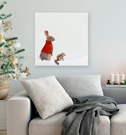 Holiday - Winter Bunny And Friend Canvas Wall Art - GreenBox Art