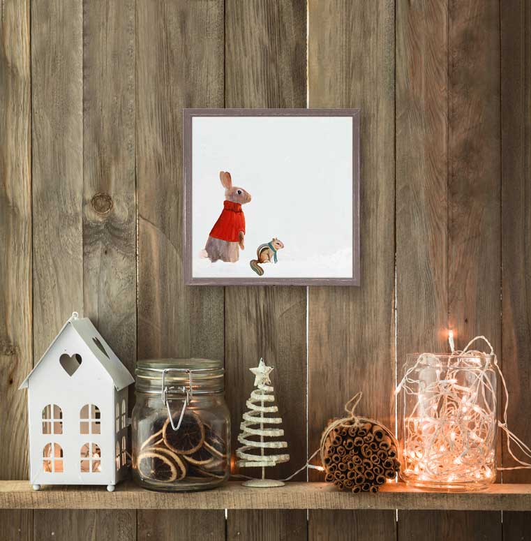 Holiday - Winter Bunny And Friend Mini Framed Canvas - GreenBox Art