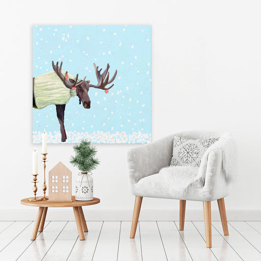 Holiday - Snowy Moose In Sweater Canvas Wall Art - GreenBox Art