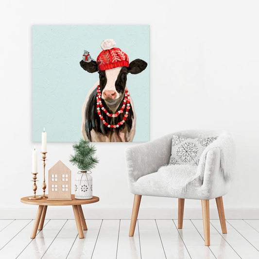 Holiday - Festive Hatted Cow Canvas Wall Art - GreenBox Art