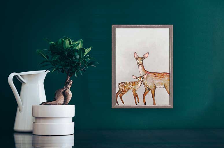 Deer With Fawn - Soft Pewter Mini Framed Canvas