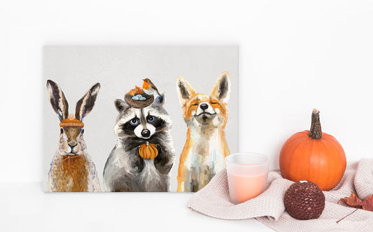 Fall - Thankful Raccoon and Pals - Gray Canvas Wall Art - GreenBox Art