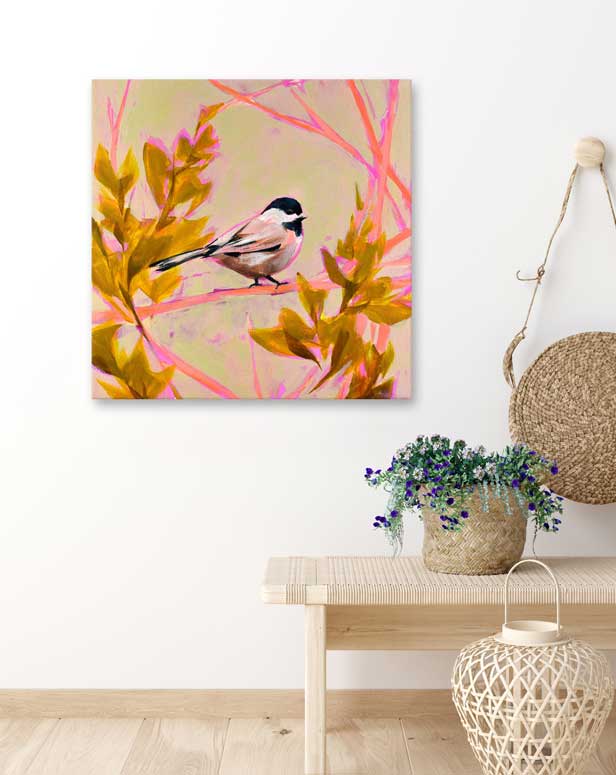 Pink And Gold Chickadee Canvas Wall Art