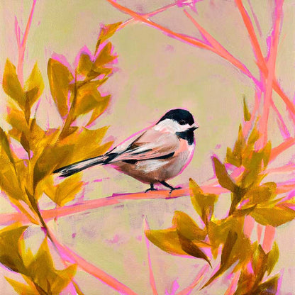 Pink And Gold Chickadee Canvas Wall Art