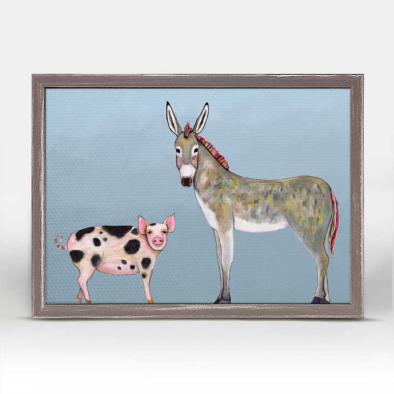 Donkey And Pig Tails - Sky Blue Mini Framed Canvas