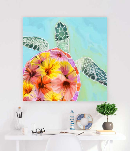 Hibiscus Sea Turtle Canvas Wall Art - GreenBox Art